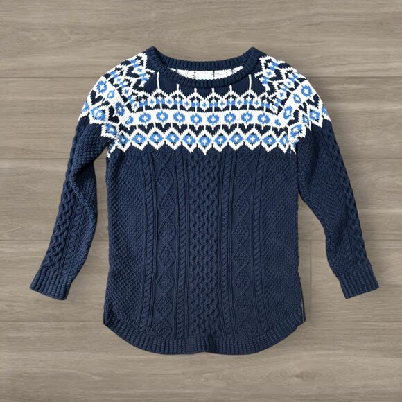 L.L. Bean Sweaters - LL Bean Signature Navy Blue Fair Isle Cable Knit Sweater Nordic Ski Lodge Size L